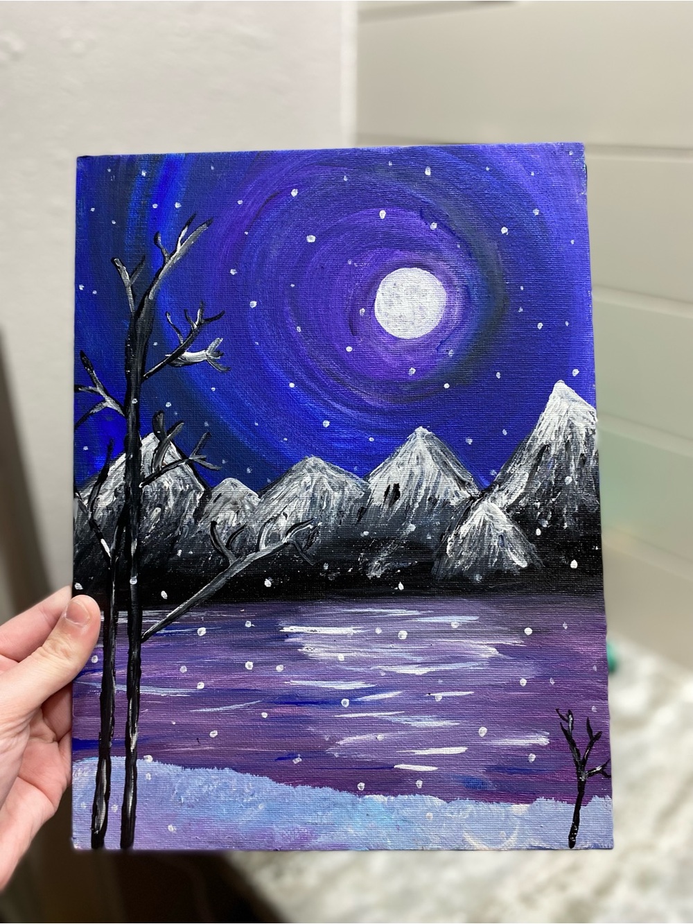 Hand-Painted Purple Night Mountain Canvas Board Painting